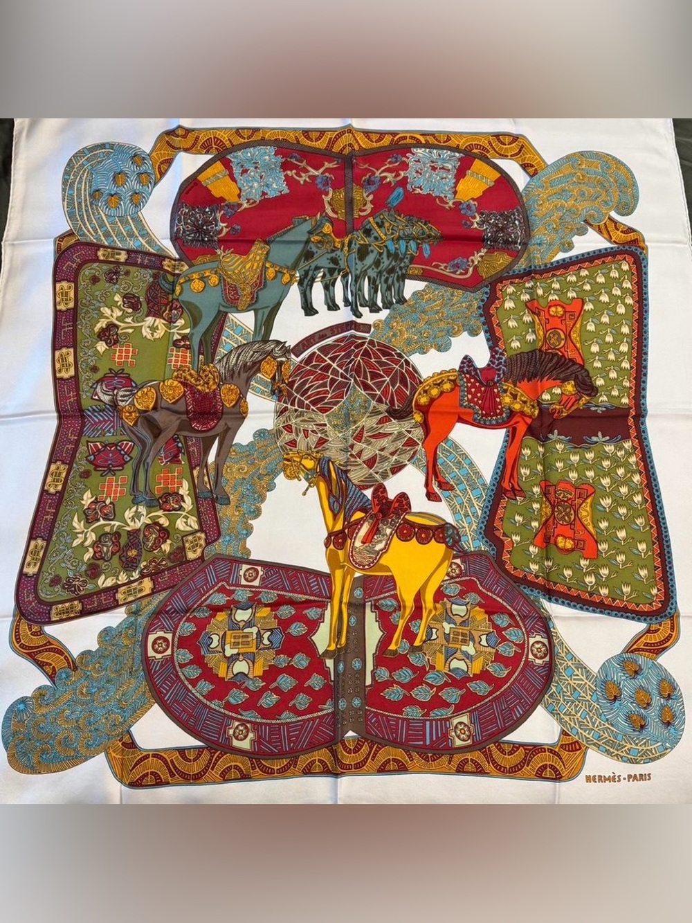 Hermès “Art des Steppes” silk scarf designed by Annie Faivre.